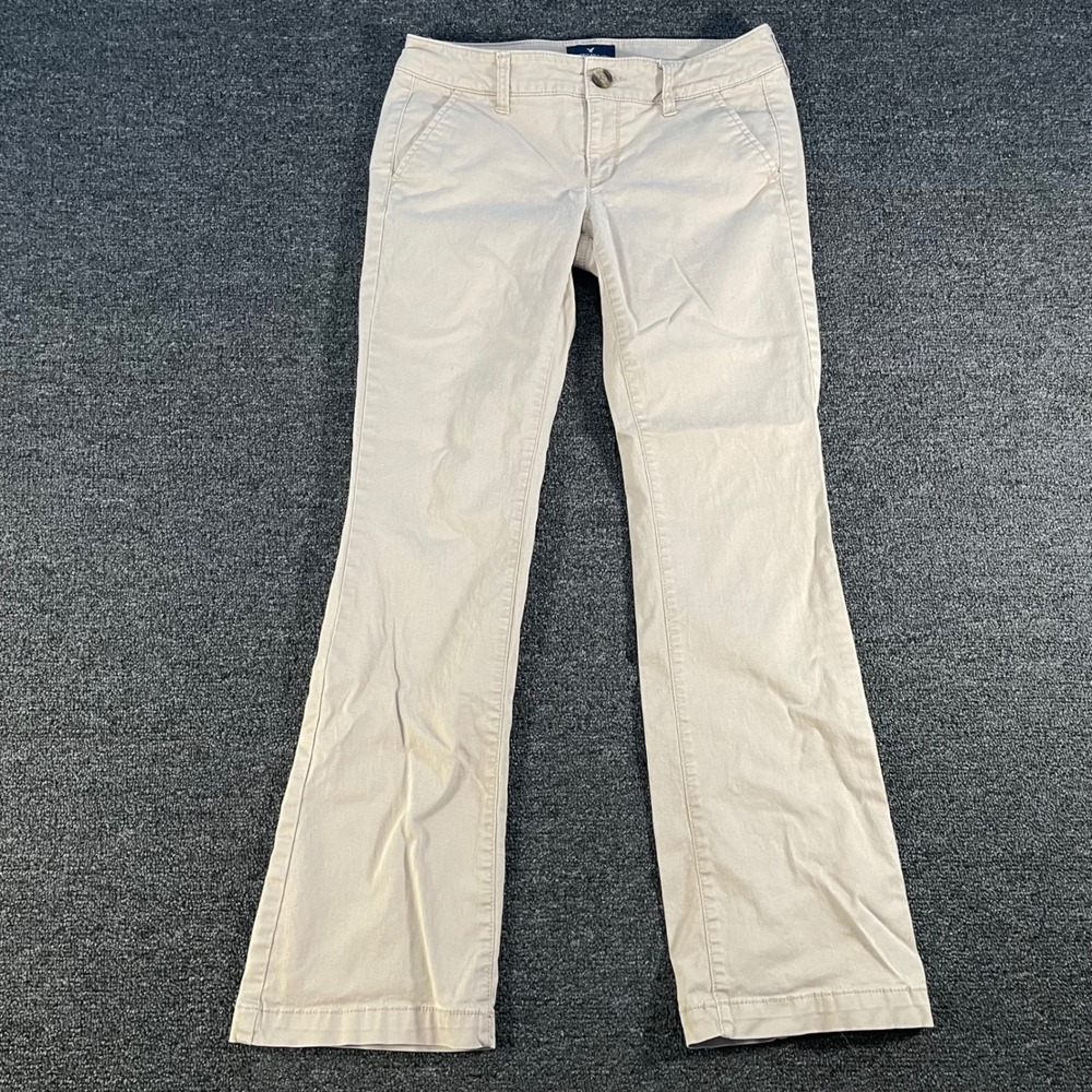 American Eagle Kick Boot Chino Pants Womens 2 Short Khaki Beige Good Stretch Low